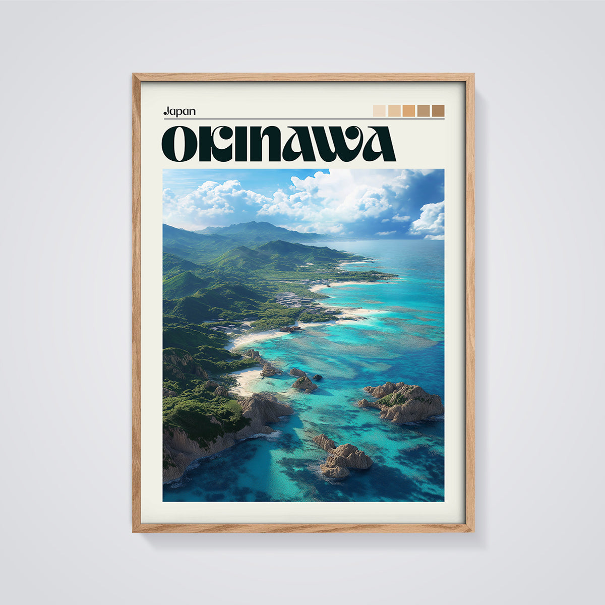 Okinawa Coastal View Print framed in oak on a grey background