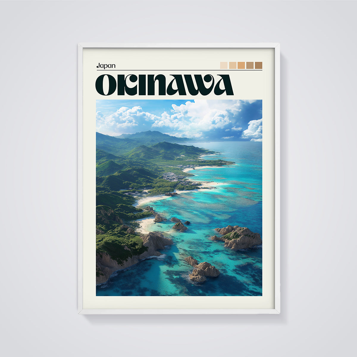 Okinawa Coastal View Print framed in white on a grey background