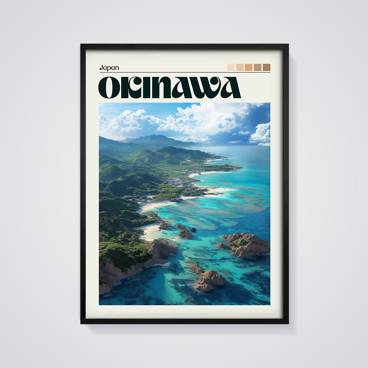Okinawa Coastal View Print framed in black on a grey background