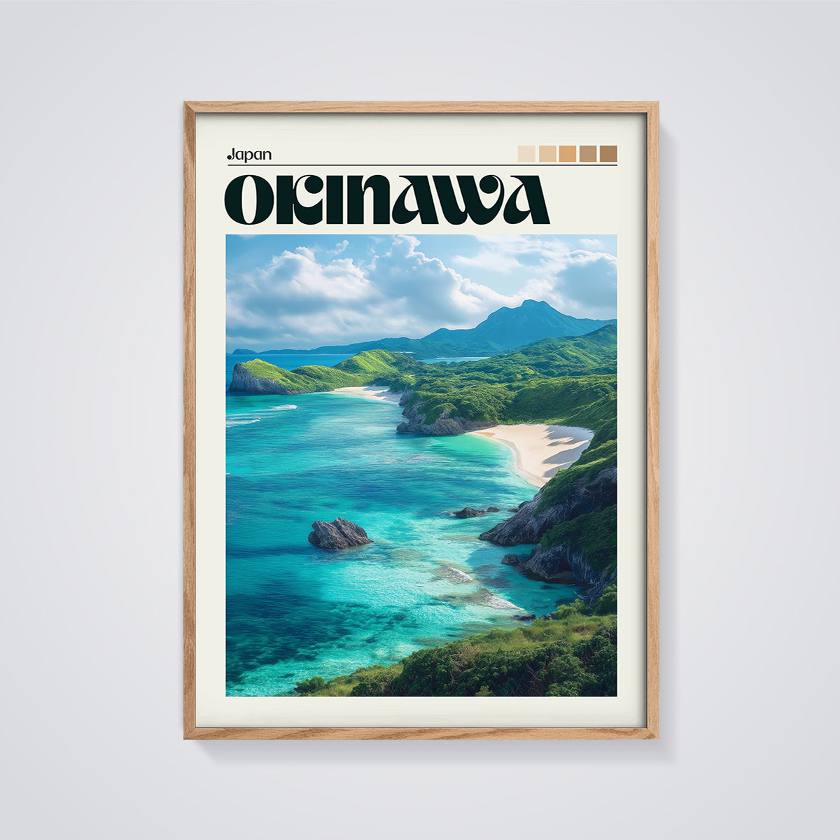 Okinawa Tropical Coast Print framed in oak on a grey background