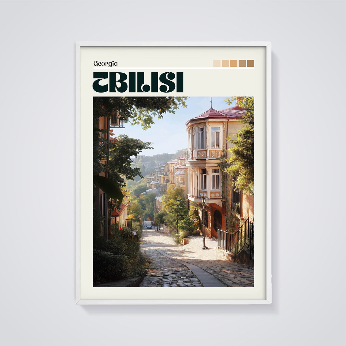 Old Tbilisi Cobblestone Street Print framed in white on a grey background
