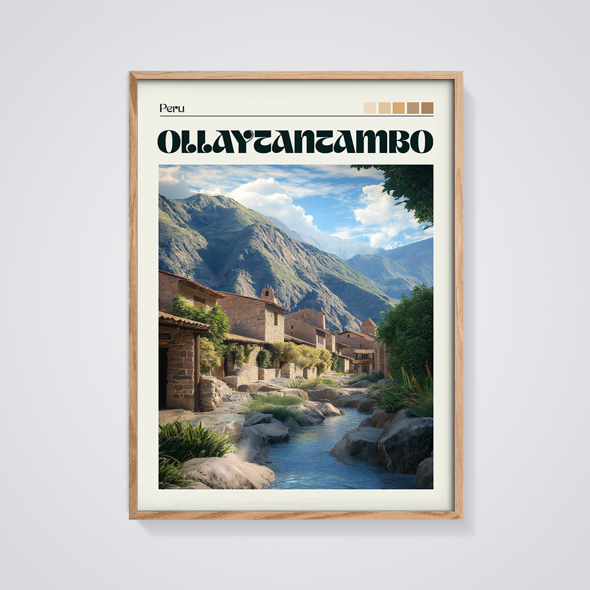 Ollantaytambo Peru Village Print framed in oak on a grey background