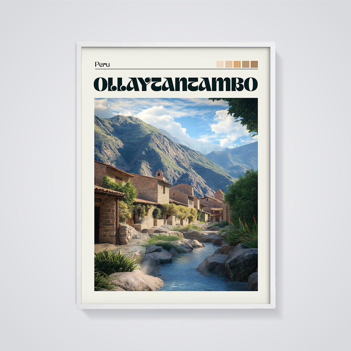 Ollantaytambo Peru Village Print framed in white on a grey background