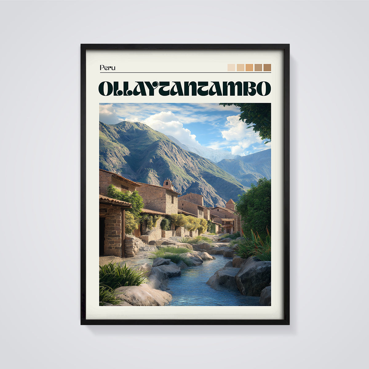 Ollantaytambo Peru Village Print framed in black on a grey background
