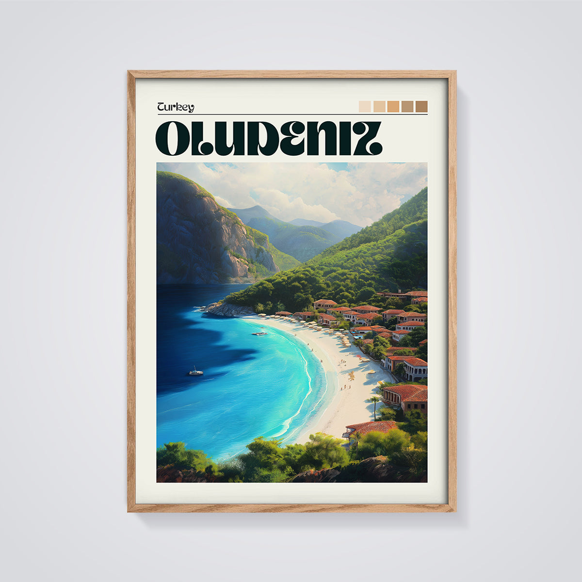 Oludeniz Turkey Beach Print framed in oak on a grey background