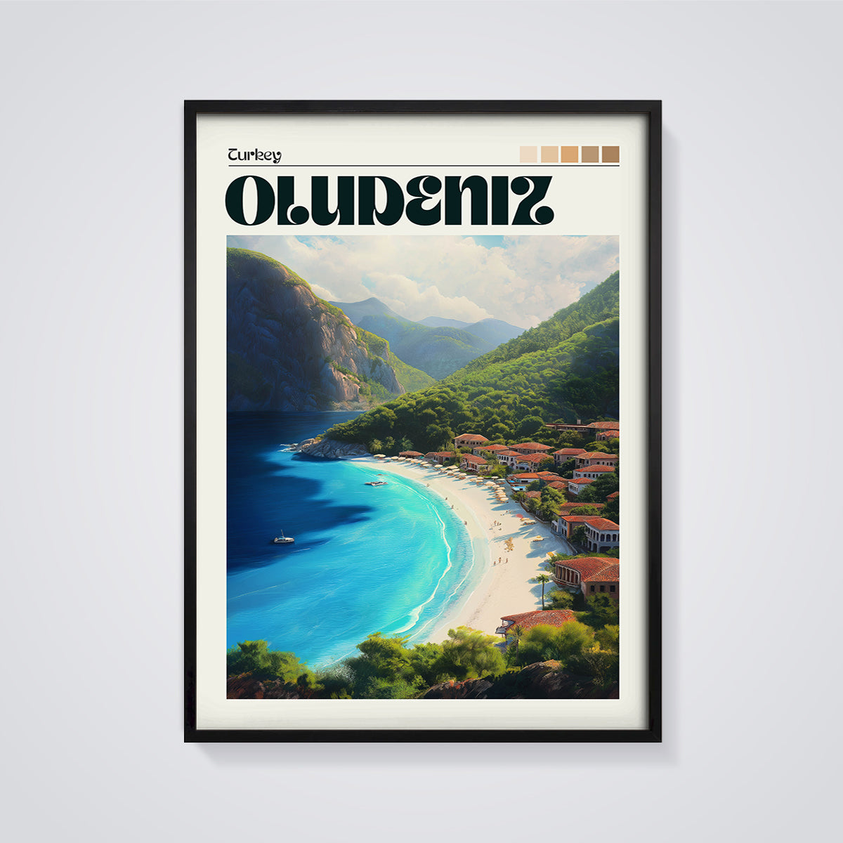 Oludeniz Turkey Beach Print framed in black on a grey background