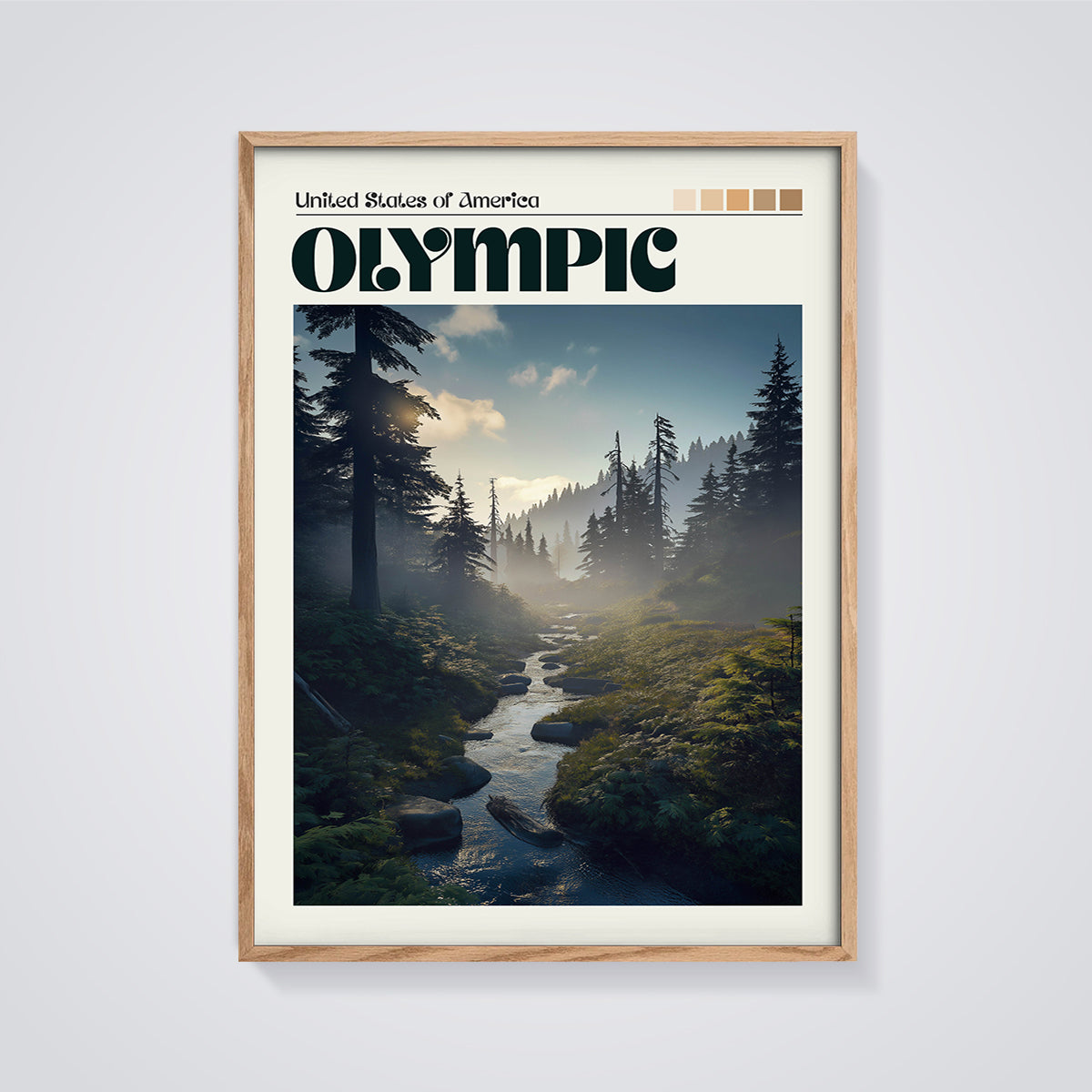 Olympic Forest Stream Print framed in oak on a grey background