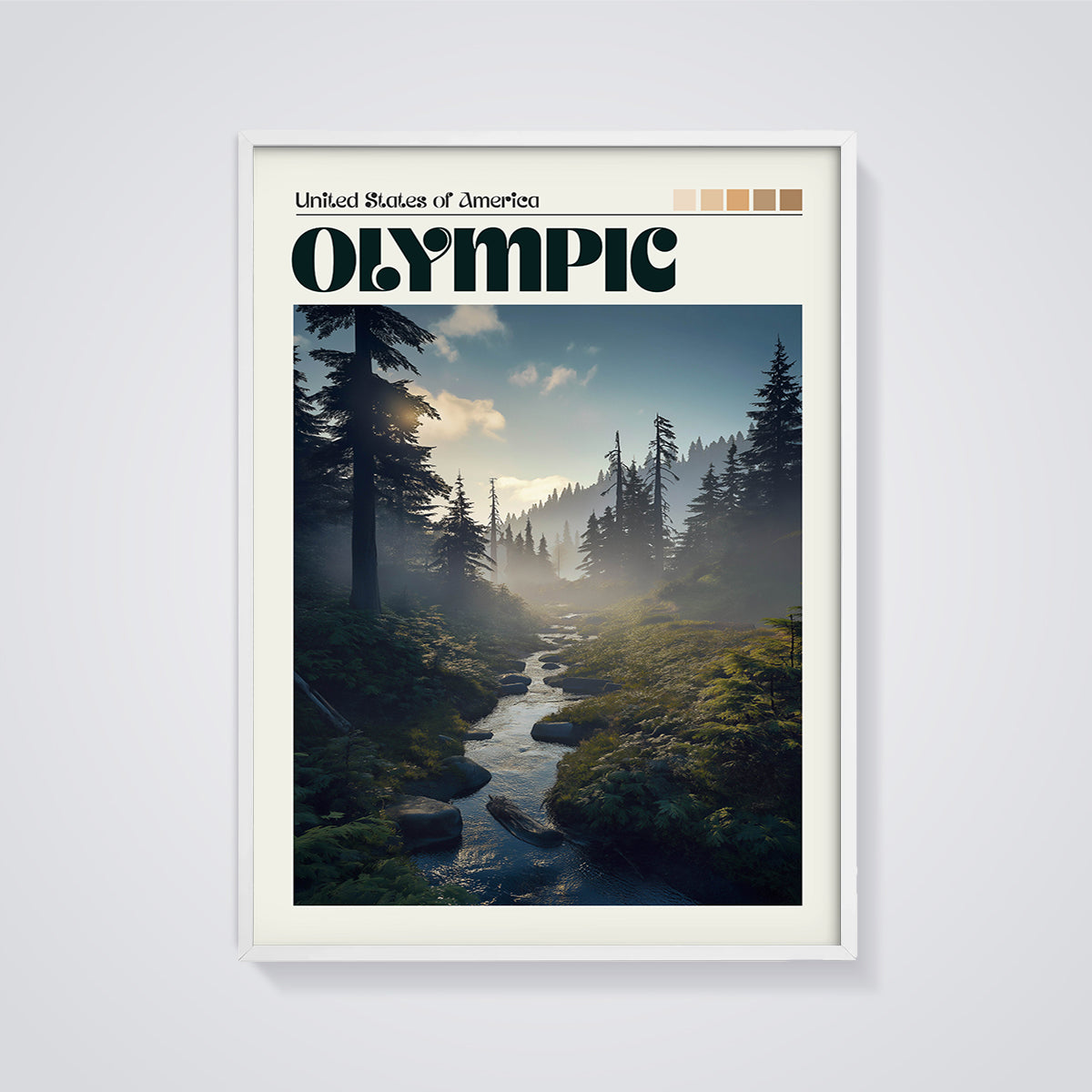 Olympic Forest Stream Print framed in white on a grey background