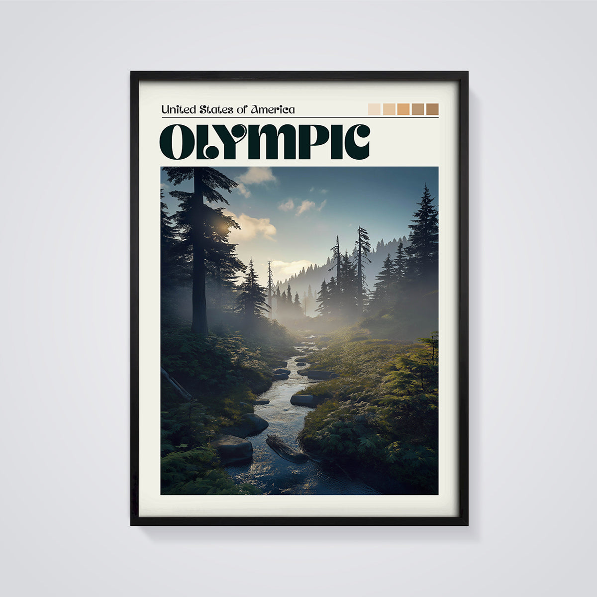 Olympic Forest Stream Print framed in black on a grey background