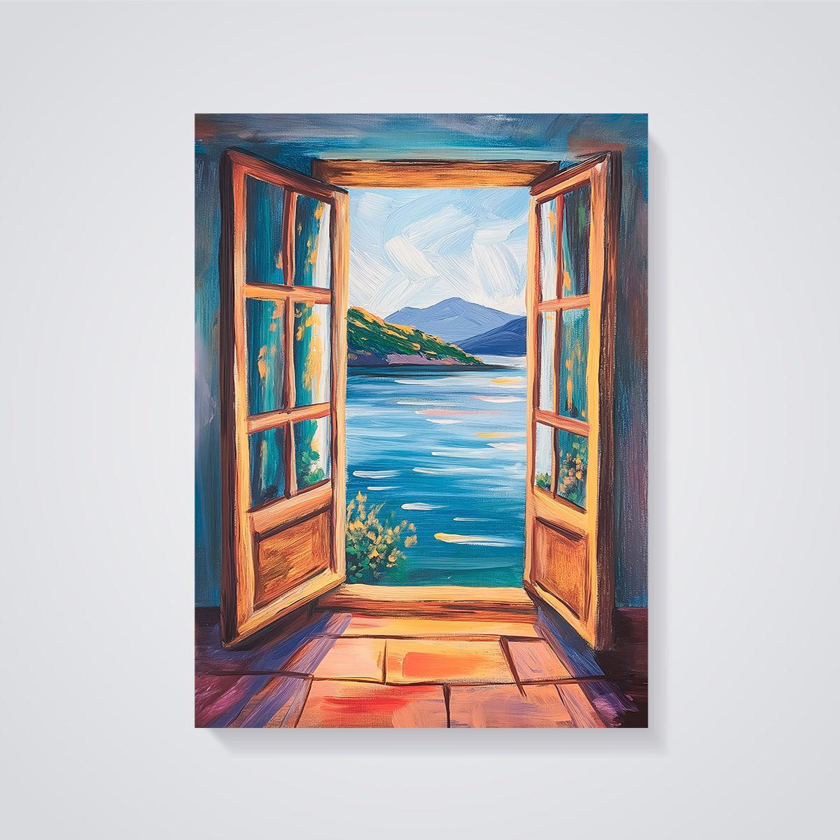 Open Window Lake Mountains Print unframed on a grey background