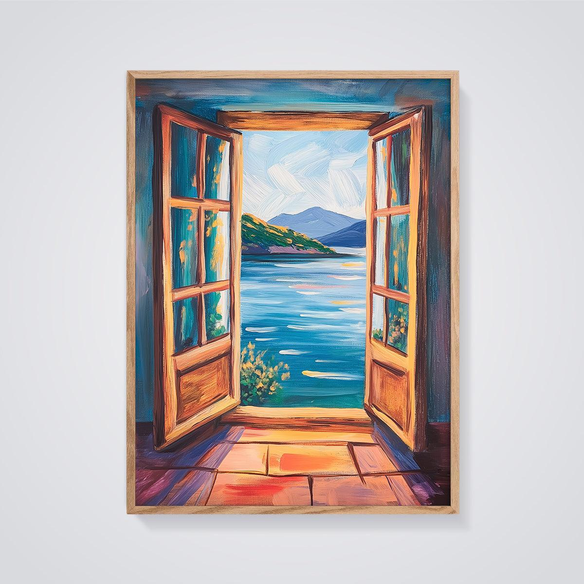 Open Window Lake Mountains Print framed in oak on a grey background