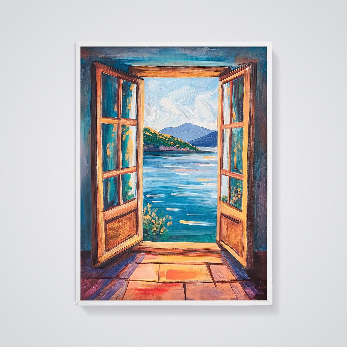 Open Window Lake Mountains Print framed in white on a grey background