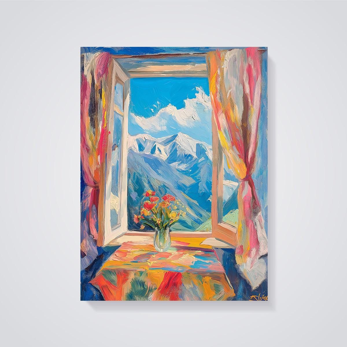 Open Window Mountain View Print unframed on a grey background