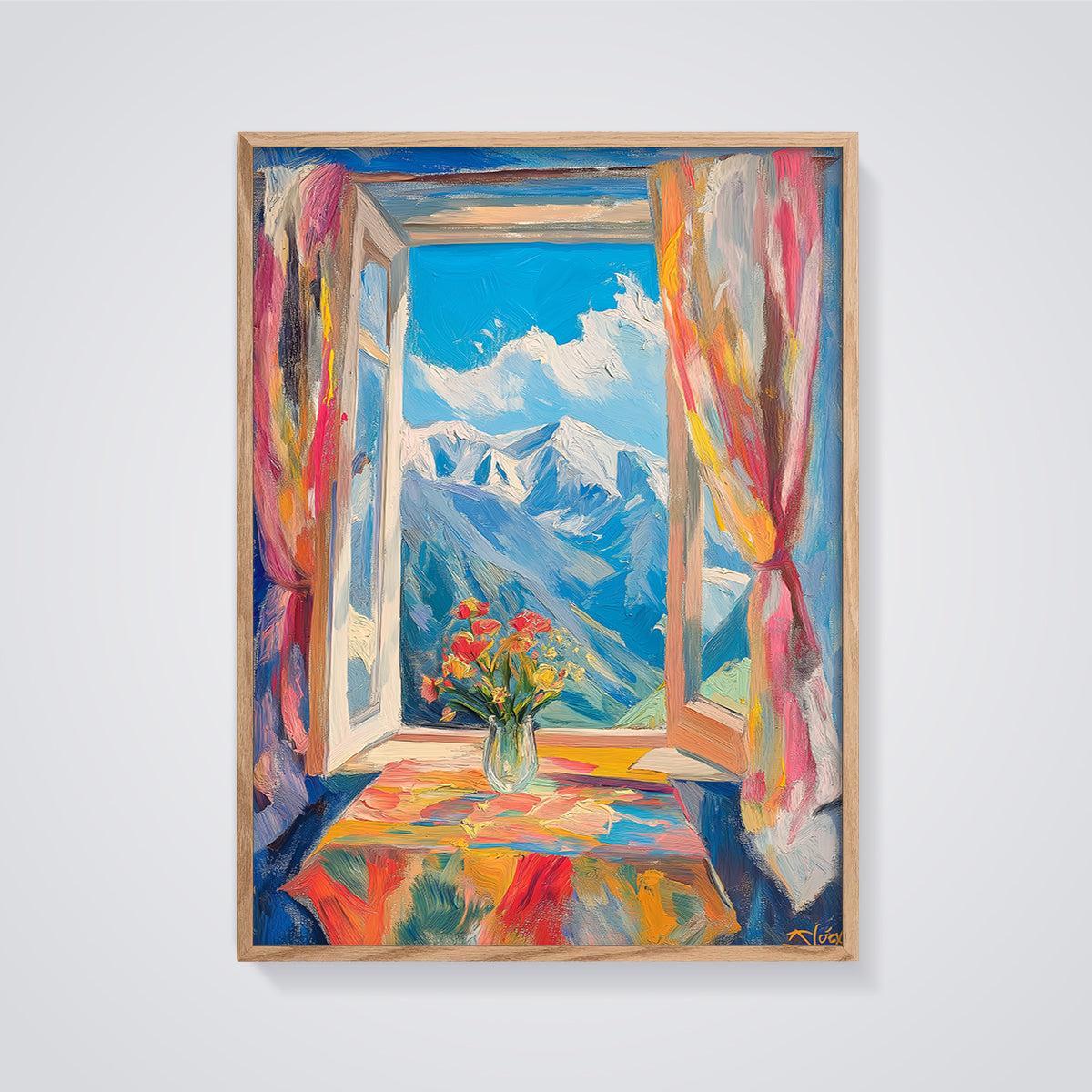 Open Window Mountain View Print framed in oak on a grey background