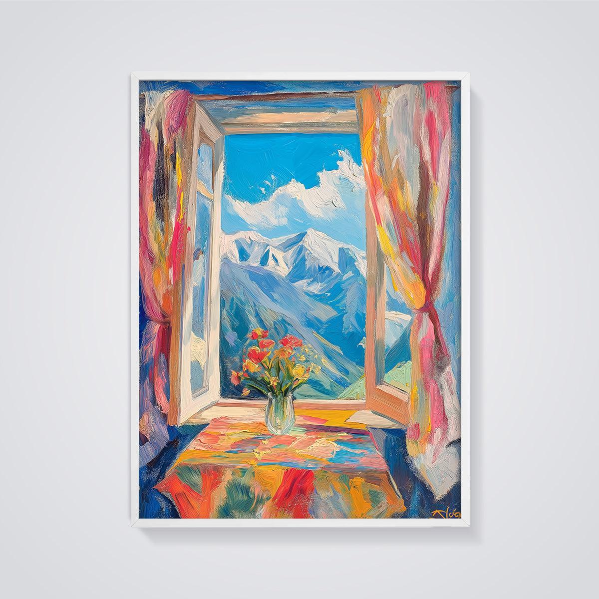 Open Window Mountain View Print framed in white on a grey background