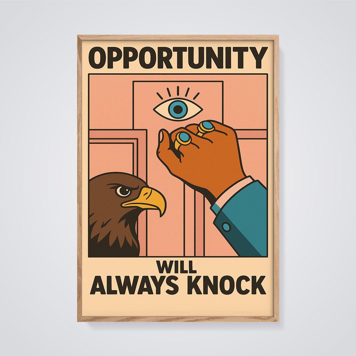 Opportunity Will Always Knock Print framed in oak on a grey background