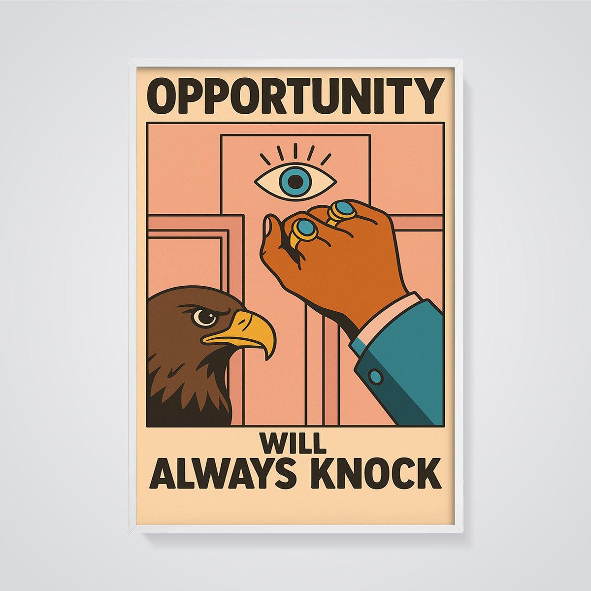 Opportunity Will Always Knock Print framed in white on a grey background