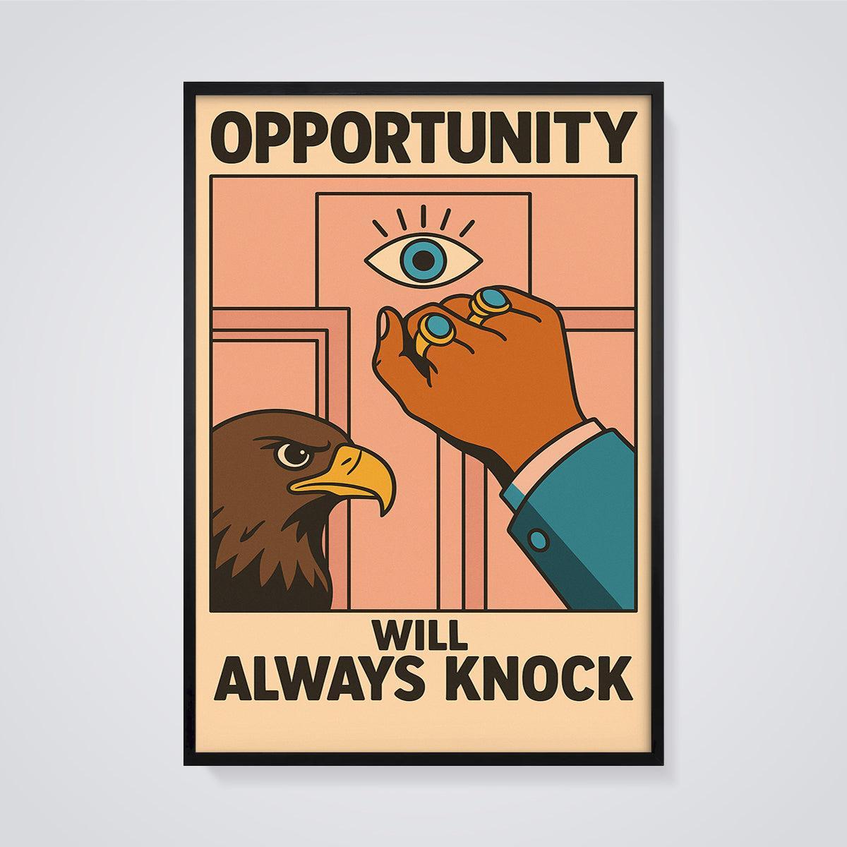 Opportunity Will Always Knock Print framed in black on a grey background