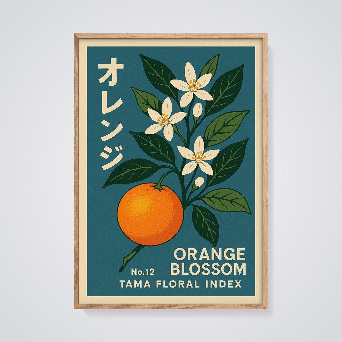 Orange Blossom Floral Print framed in oak on a grey background