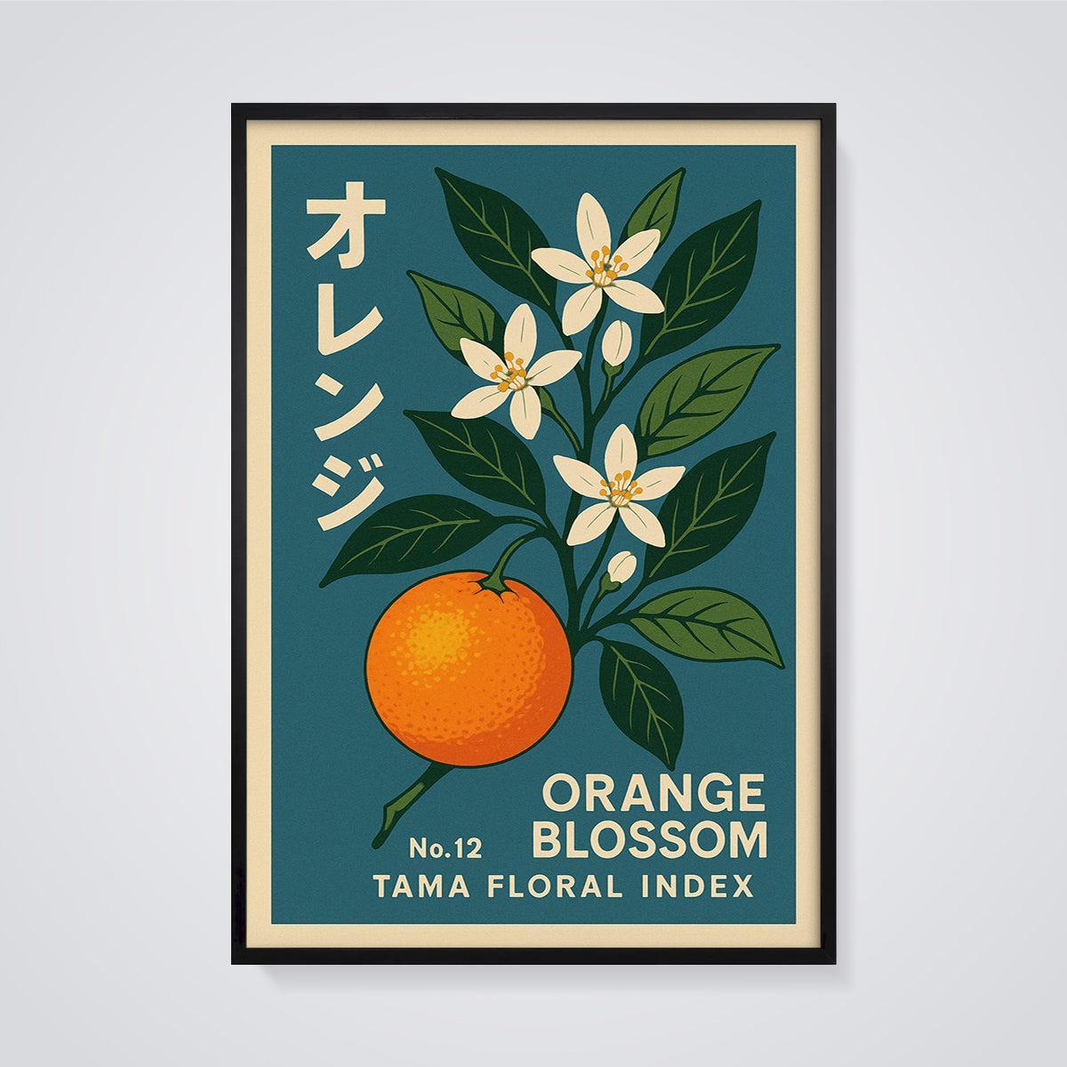 Orange Blossom Floral Print framed in black on a grey background