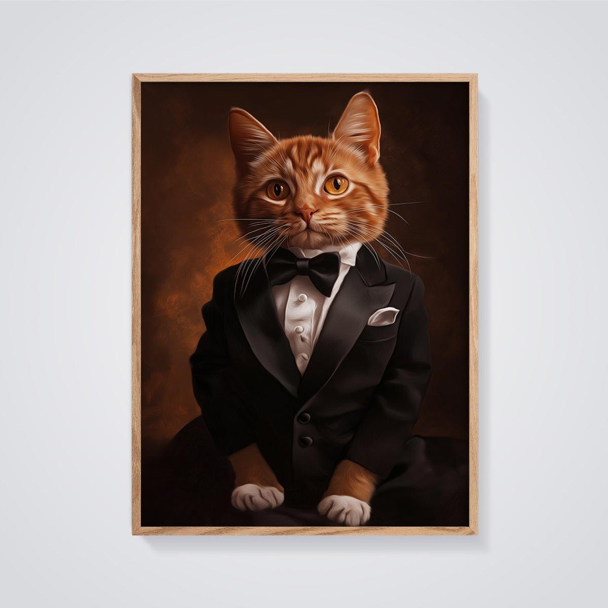 Orange Cat in Tuxedo Print framed in oak on a grey background
