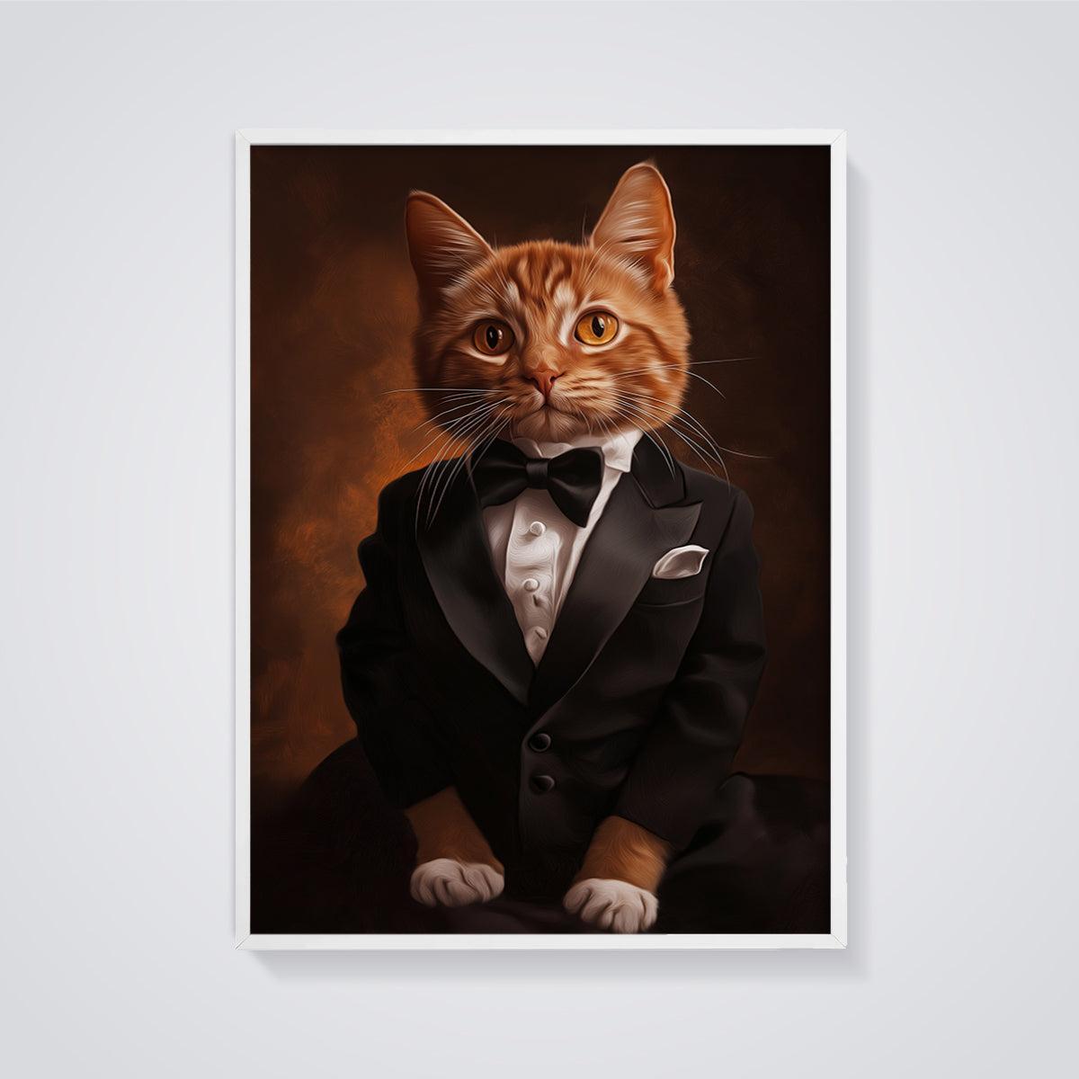 Orange Cat in Tuxedo Print framed in white on a grey background