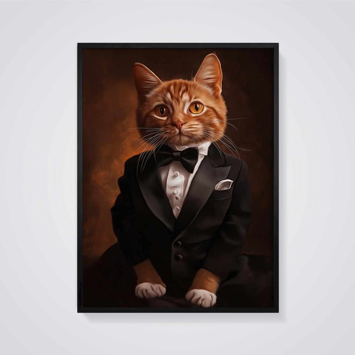Orange Cat in Tuxedo Print framed in black on a grey background