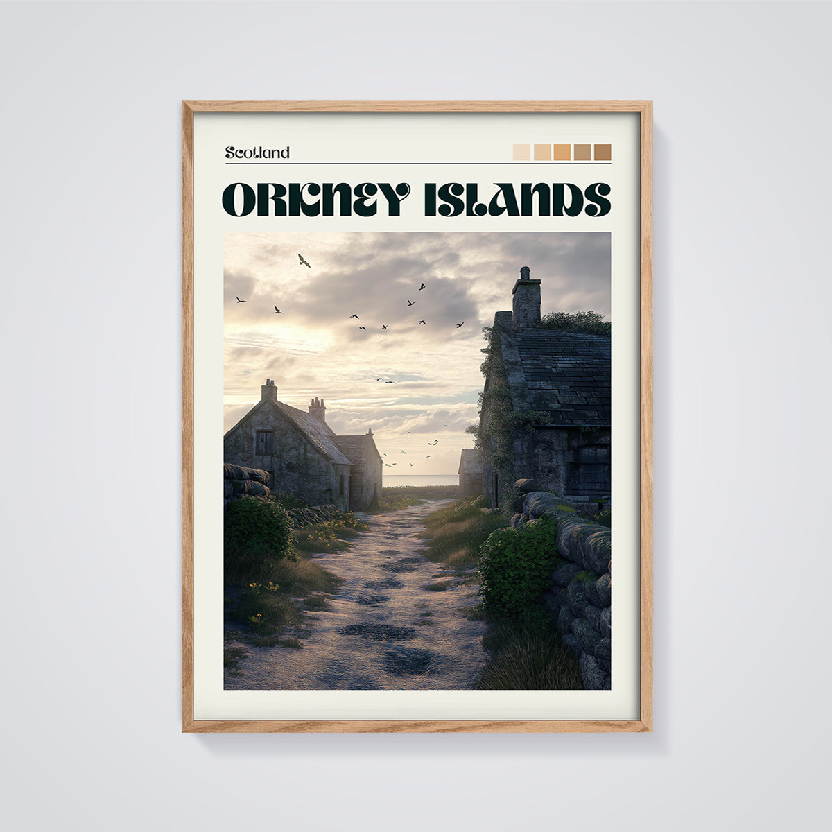 Orkney Islands Coastal Print framed in oak on a grey background