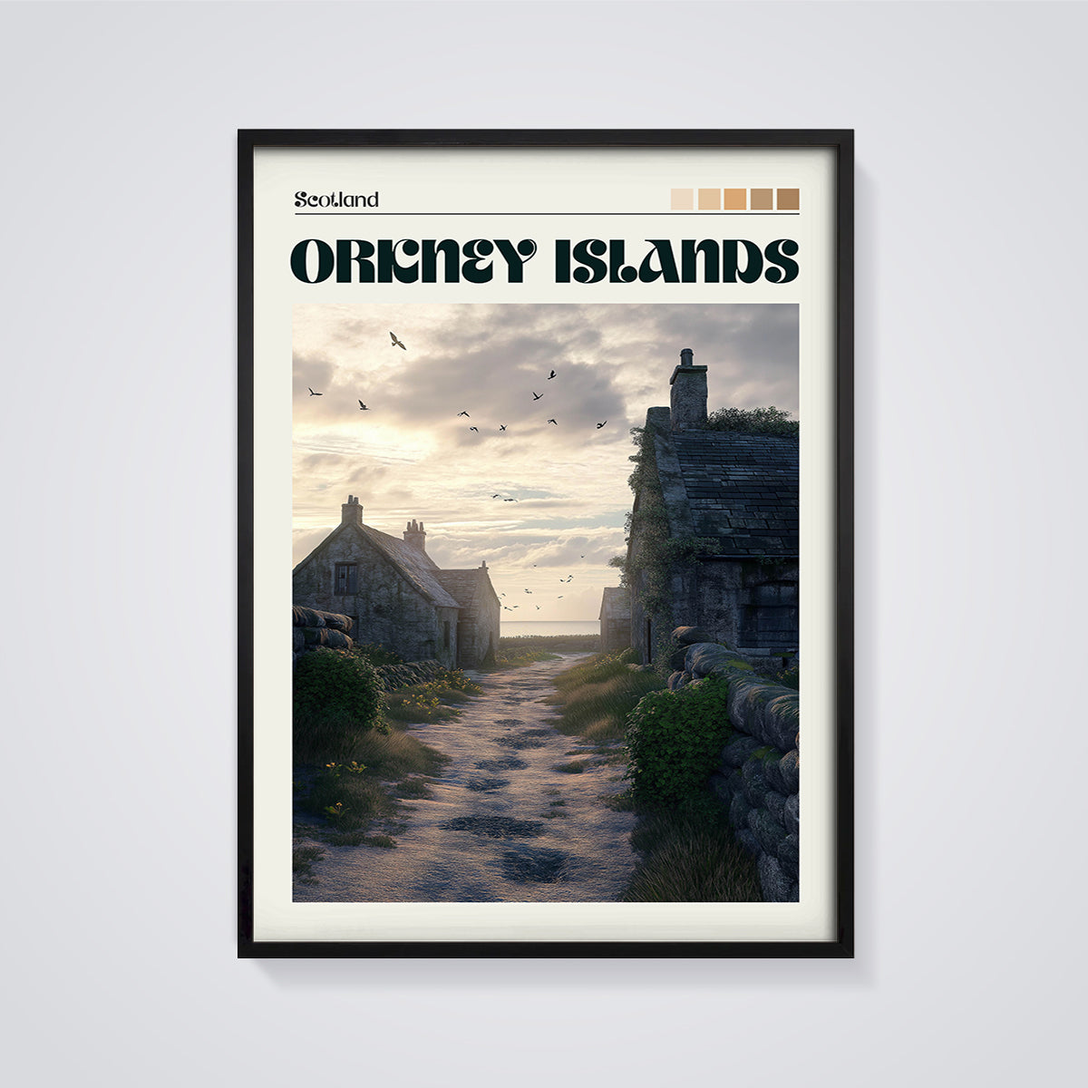 Orkney Islands Coastal Print framed in black on a grey background