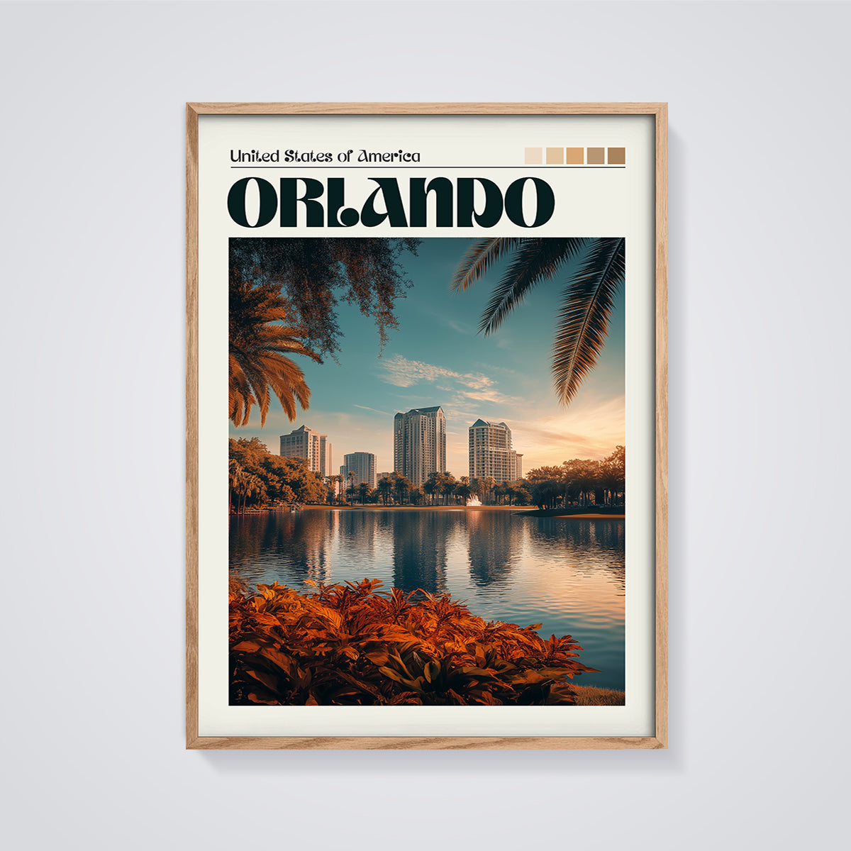 Orlando Lake Eola Sunset Print framed in oak on a grey background
