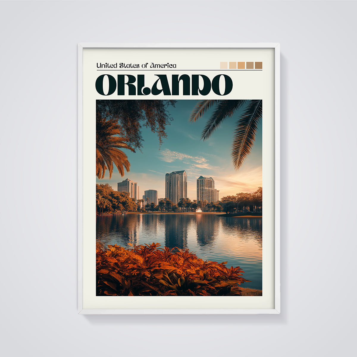 Orlando Lake Eola Sunset Print framed in white on a grey background