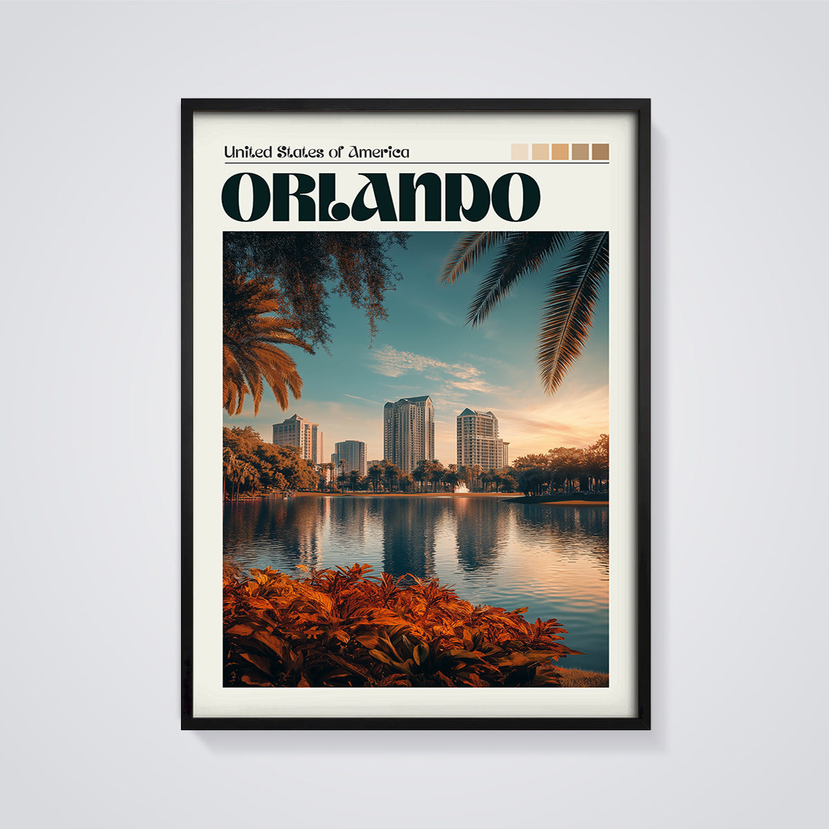 Orlando Lake Eola Sunset Print framed in black on a grey background