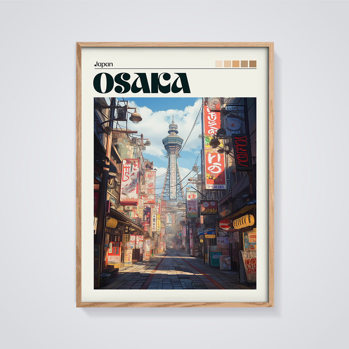 Osaka Tsutenkaku Street Print framed in oak on a grey background
