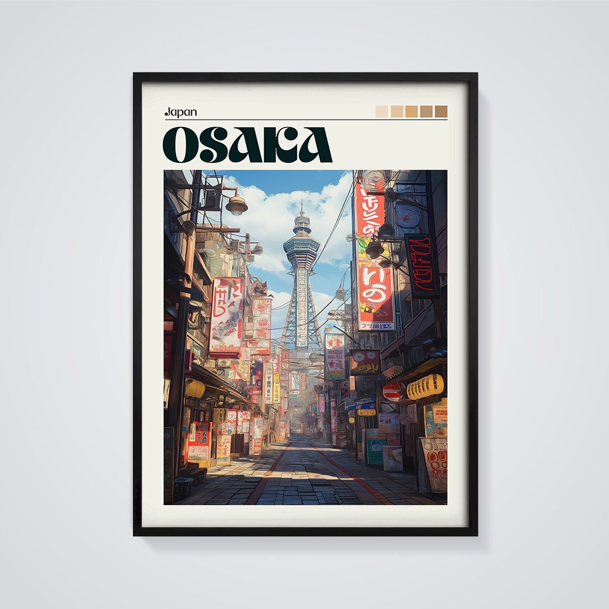 Osaka Tsutenkaku Street Print framed in black on a grey background