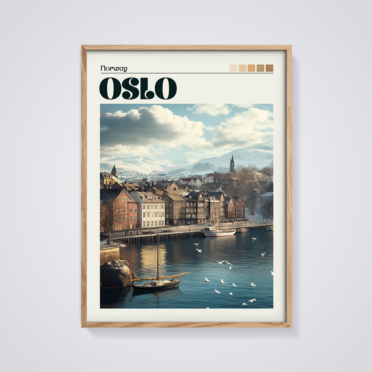 Oslo Norway Winter Cityscape Print framed in oak on a grey background