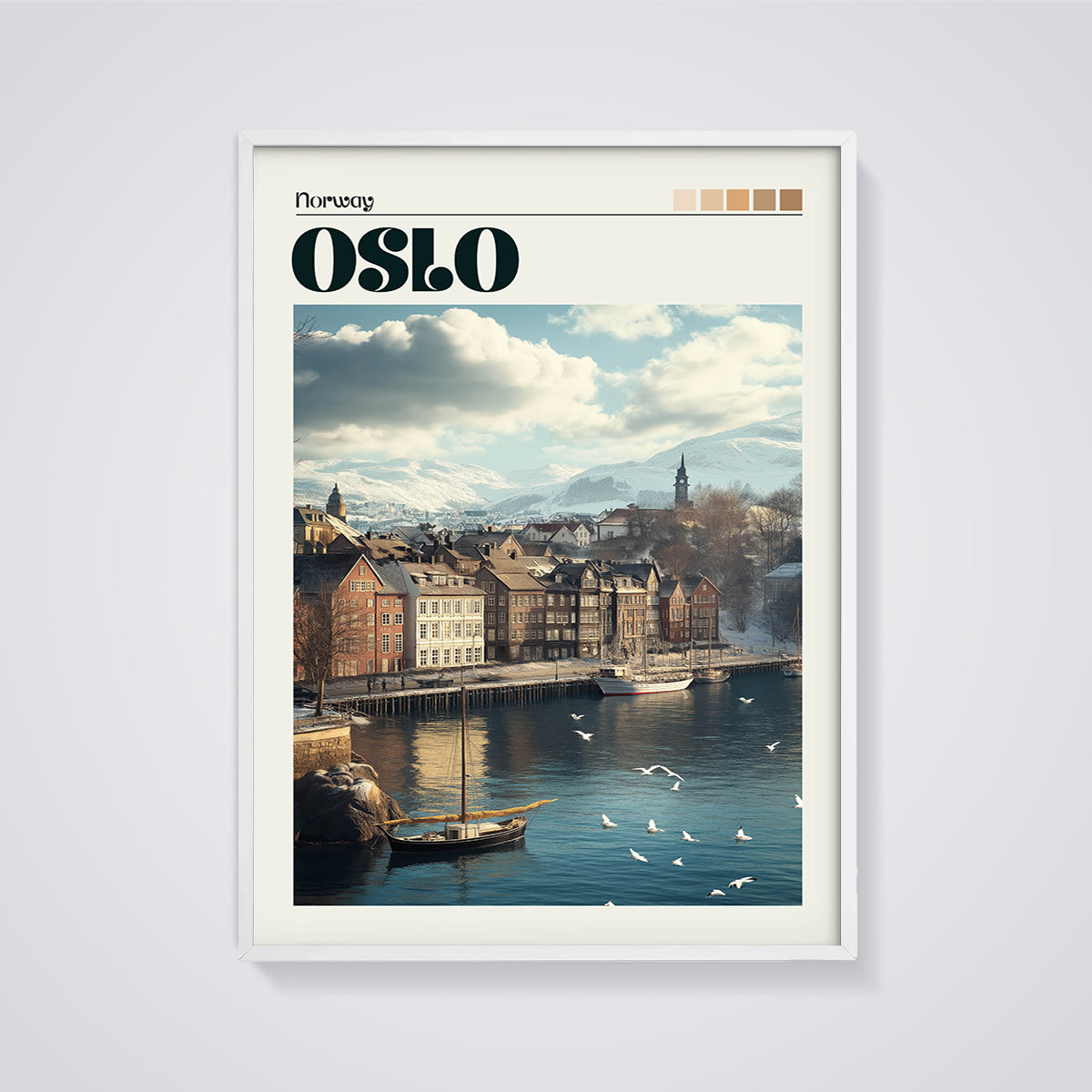 Oslo Norway Winter Cityscape Print framed in white on a grey background