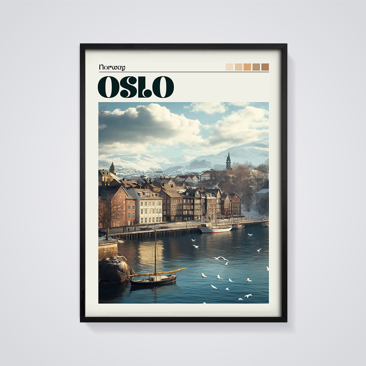 Oslo Norway Winter Cityscape Print framed in black on a grey background