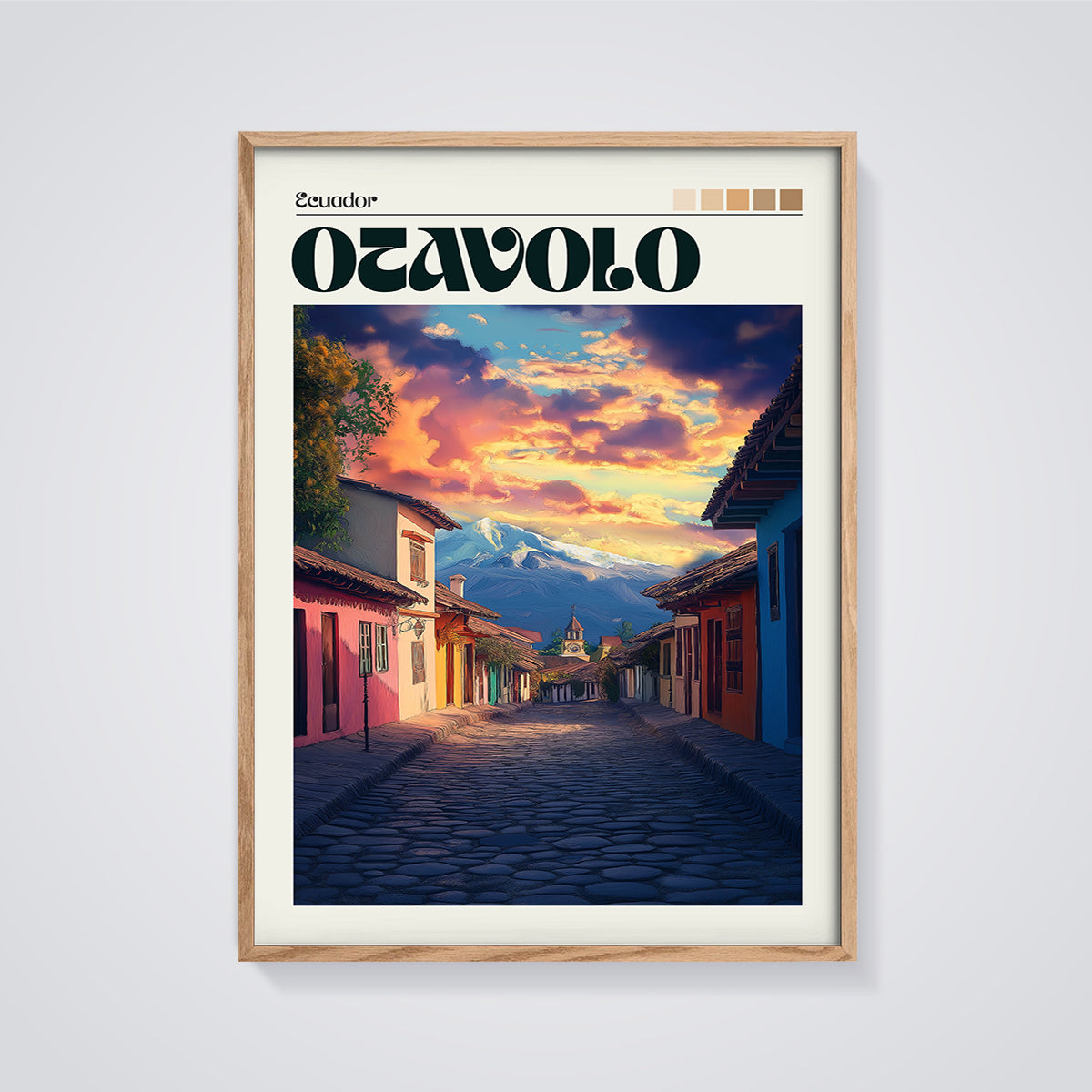 Otavalo Ecuador Street View Print framed in oak on a grey background