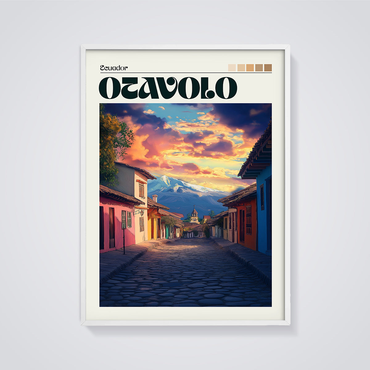 Otavalo Ecuador Street View Print framed in white on a grey background