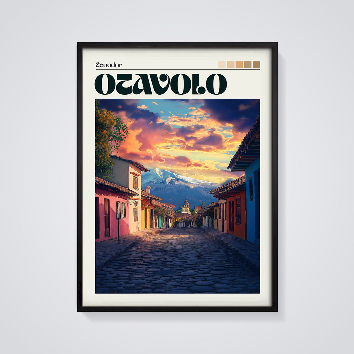 Otavalo Ecuador Street View Print framed in black on a grey background