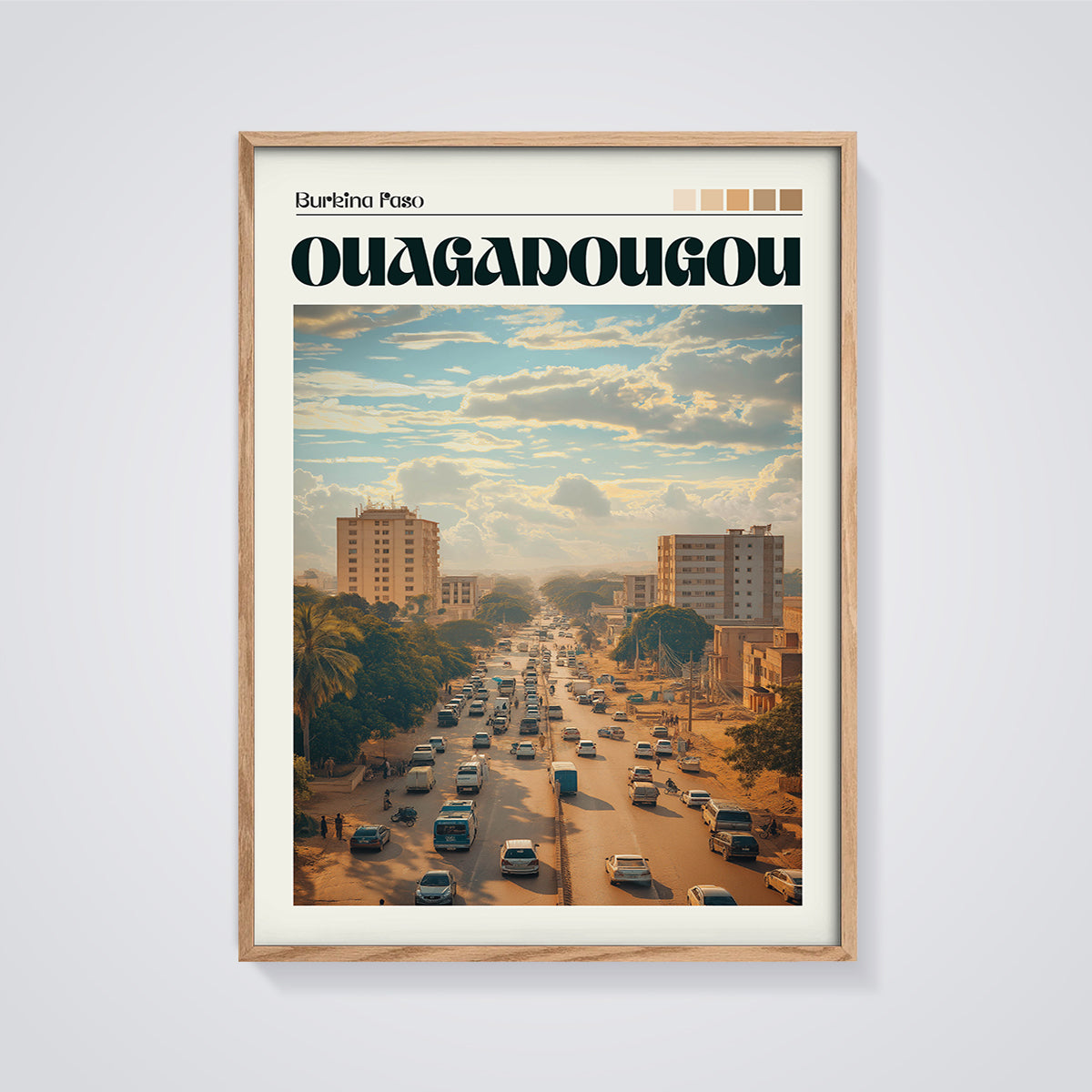 Ouagadougou Street Scene Print framed in oak on a grey background