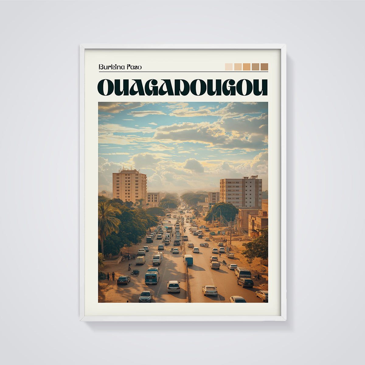 Ouagadougou Street Scene Print framed in white on a grey background