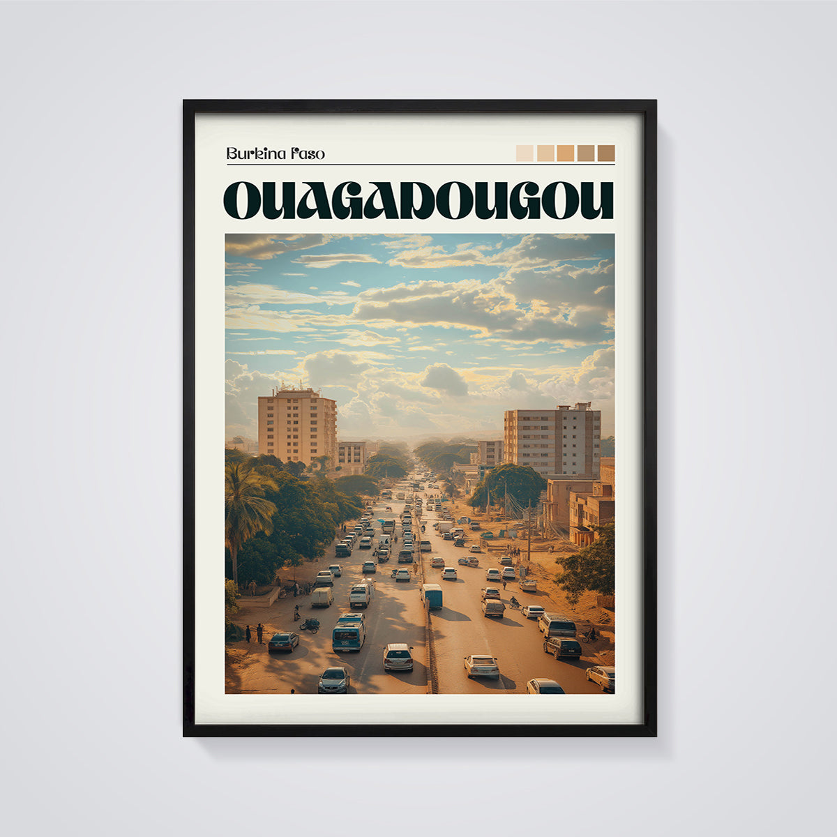 Ouagadougou Street Scene Print framed in black on a grey background