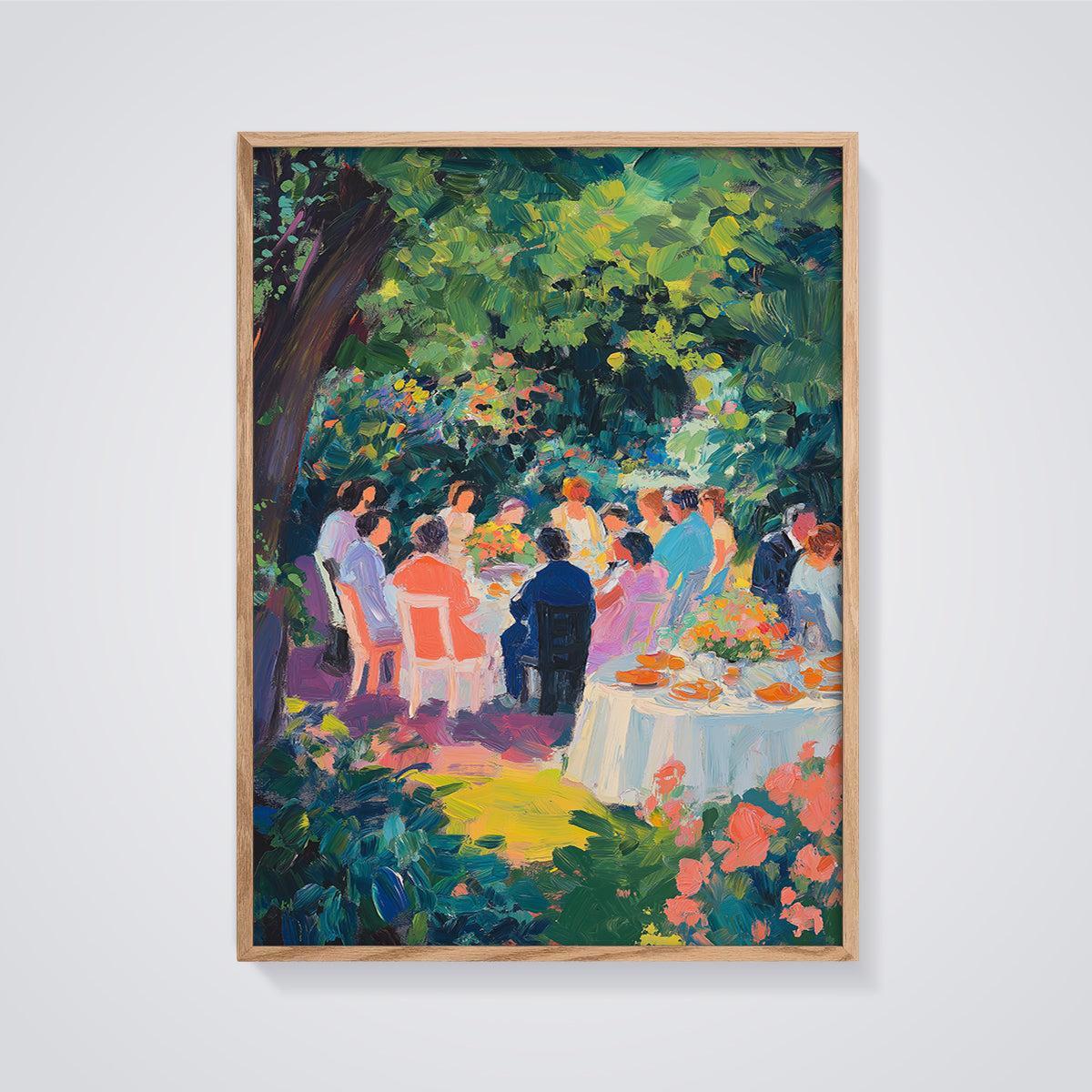 Outdoor Dinner Party Print framed in oak on a grey background