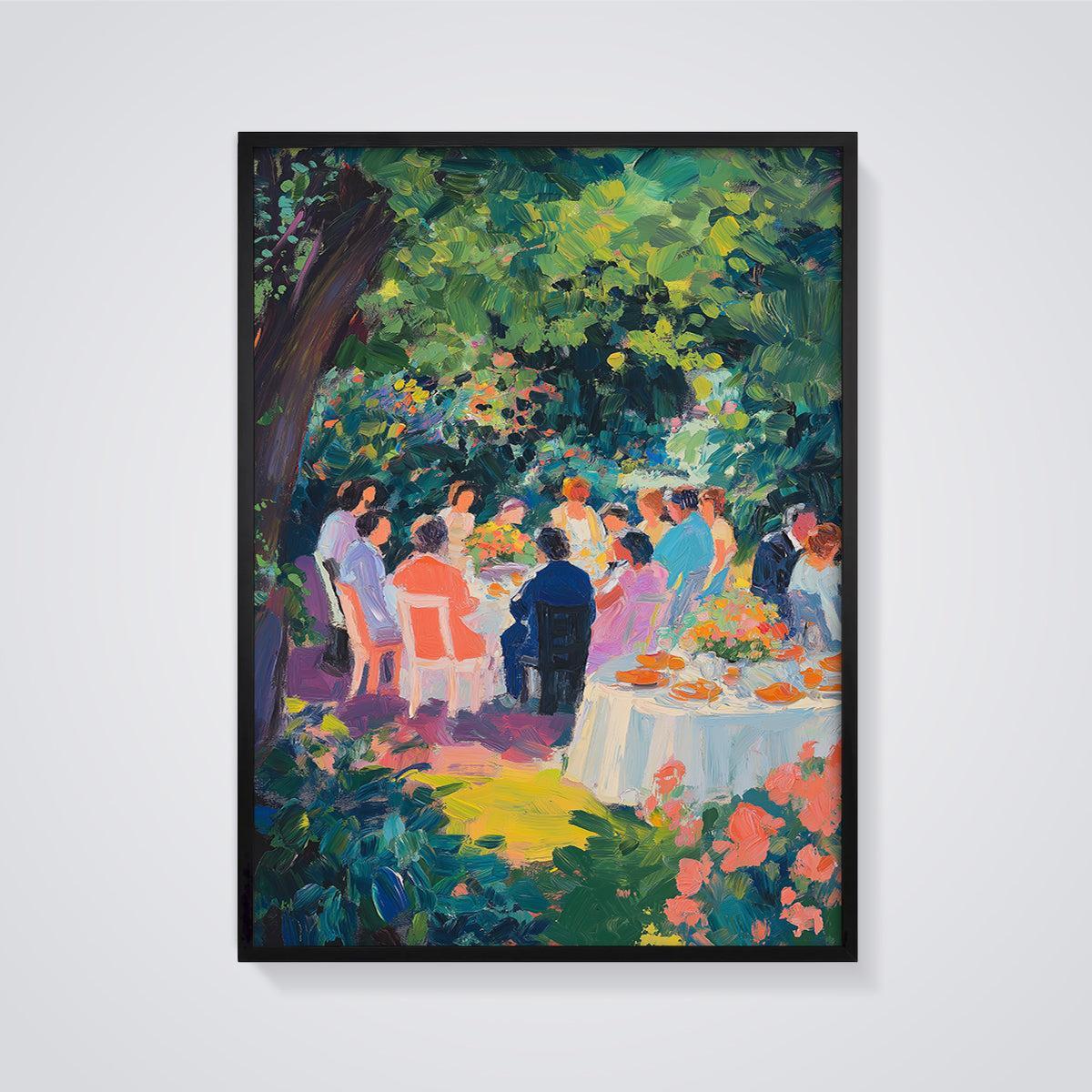 Outdoor Dinner Party Print framed in black on a grey background