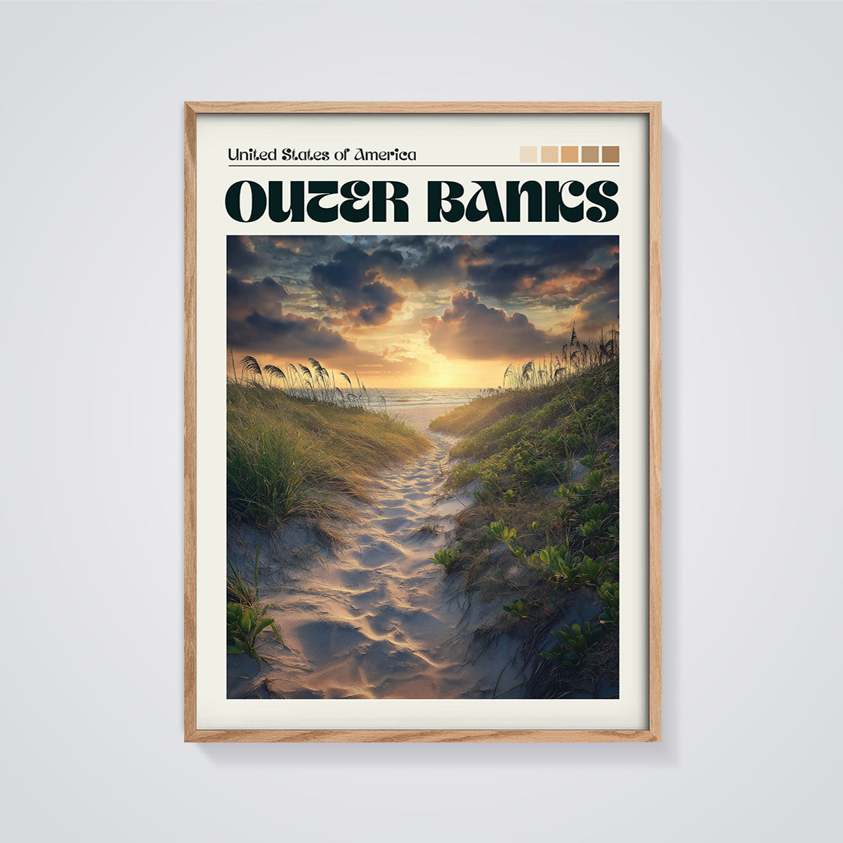Outer Banks Sunset Beach Path Print framed in oak on a grey background