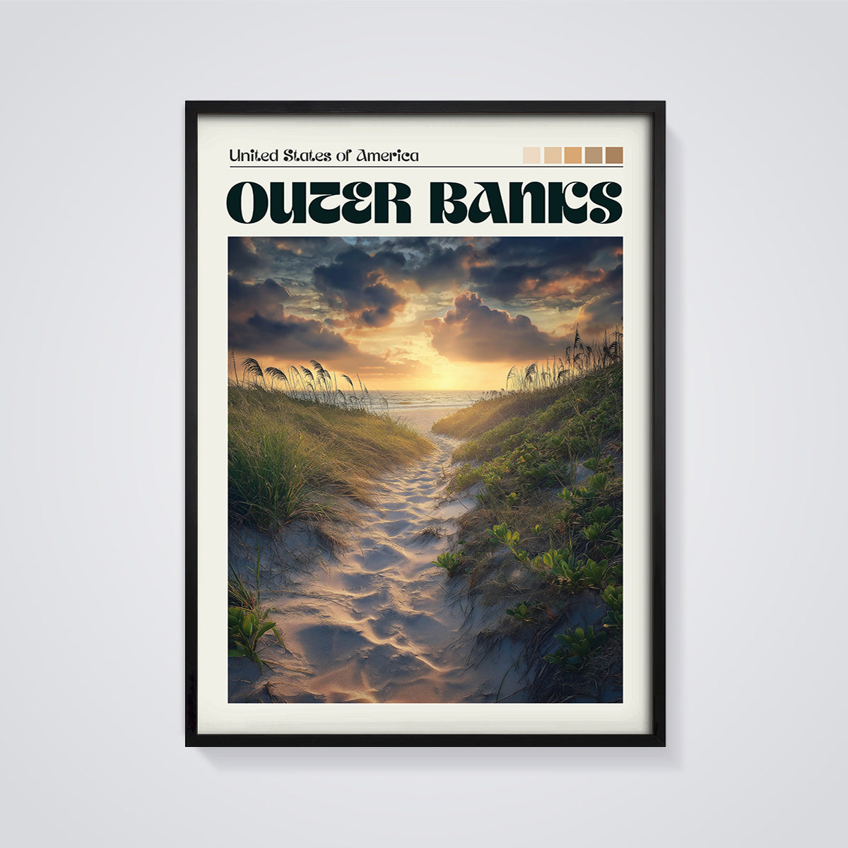 Outer Banks Sunset Beach Path Print framed in black on a grey background