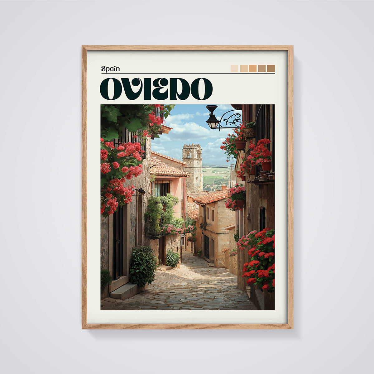 Oviedo Floral Street Print framed in oak on a grey background