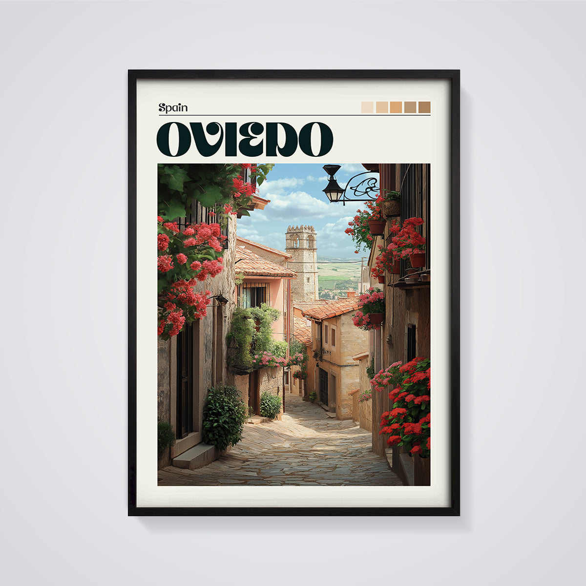 Oviedo Floral Street Print framed in black on a grey background