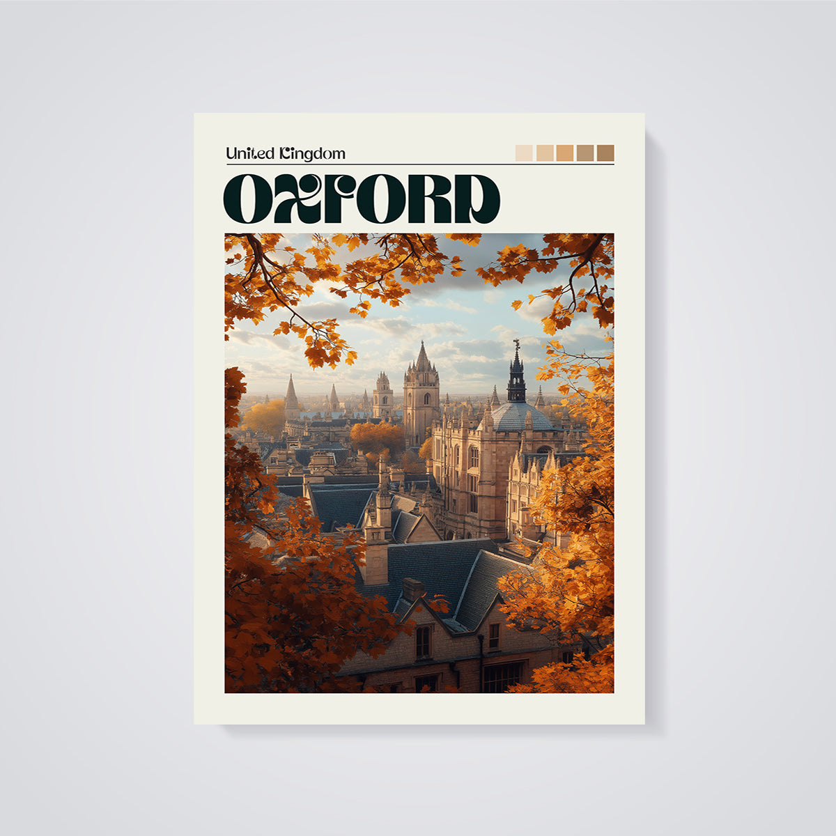 Oxford Autumn Cityscape Print unframed on a grey background